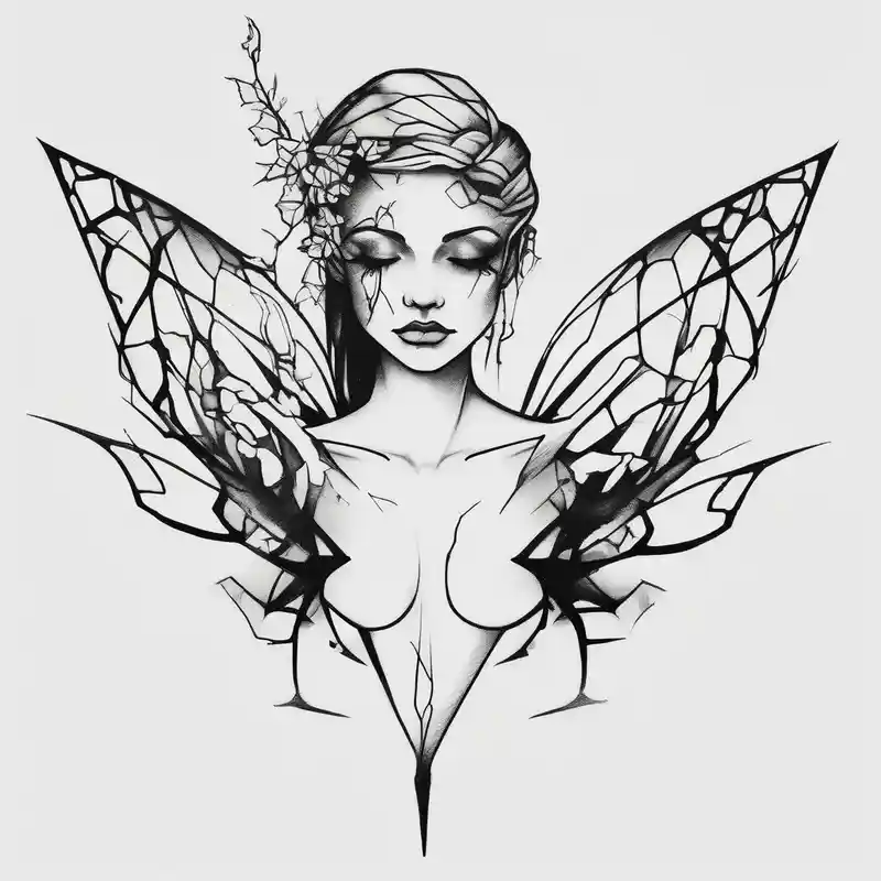 A minimalist fairy tattoo that represents a shattered and betrayed gemini woman who fought hard throughout this year. With – Blanco y negro, Colores vivos